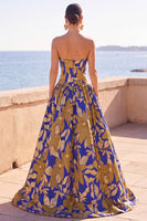 Load image into Gallery viewer, Blue Yellow Flower Sweetheart A-Line Long Wedding Guest Dress