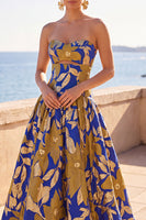 Load image into Gallery viewer, Blue Yellow Flower Sweetheart A-Line Long Wedding Guest Dress