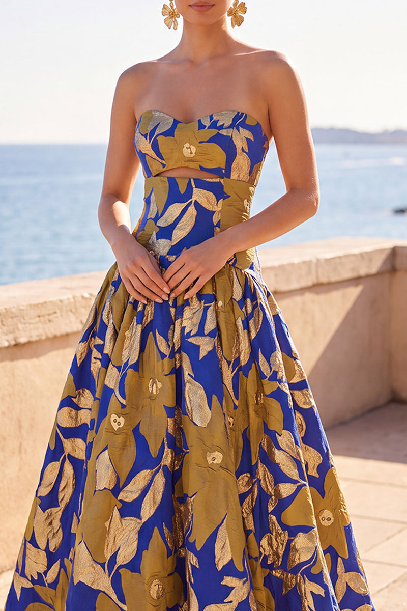 Load image into Gallery viewer, Blue Yellow Flower Sweetheart A-Line Long Wedding Guest Dress
