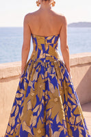 Load image into Gallery viewer, Blue Yellow Flower Sweetheart A-Line Long Wedding Guest Dress