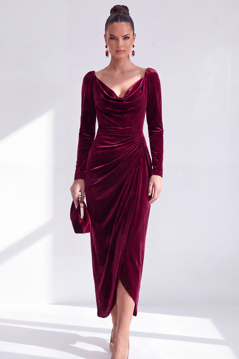 Load image into Gallery viewer, Terracotta Cowl Neck Velvet Ruched Sheath Maxi Mother of the Bride Dress with Sleeves