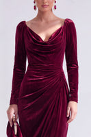 Load image into Gallery viewer, Terracotta Cowl Neck Velvet Ruched Sheath Maxi Mother of the Bride Dress with Sleeves