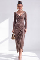 Load image into Gallery viewer, Terracotta Cowl Neck Velvet Ruched Sheath Maxi Mother of the Bride Dress with Sleeves