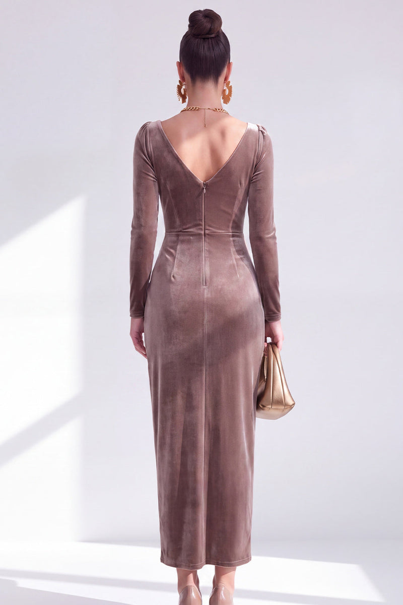 Load image into Gallery viewer, Terracotta Cowl Neck Velvet Ruched Sheath Maxi Mother of the Bride Dress with Sleeves