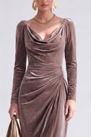 Load image into Gallery viewer, Terracotta Cowl Neck Velvet Ruched Sheath Maxi Mother of the Bride Dress with Sleeves