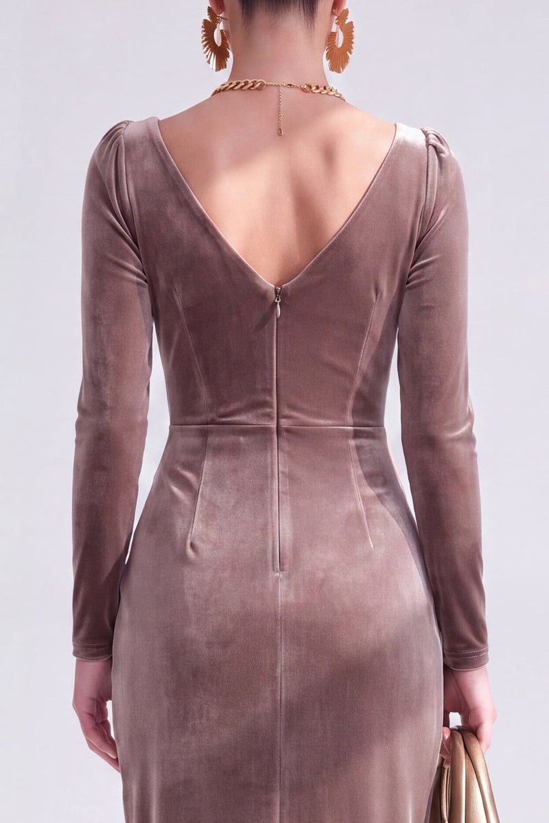 Load image into Gallery viewer, Terracotta Cowl Neck Velvet Ruched Sheath Maxi Mother of the Bride Dress with Sleeves