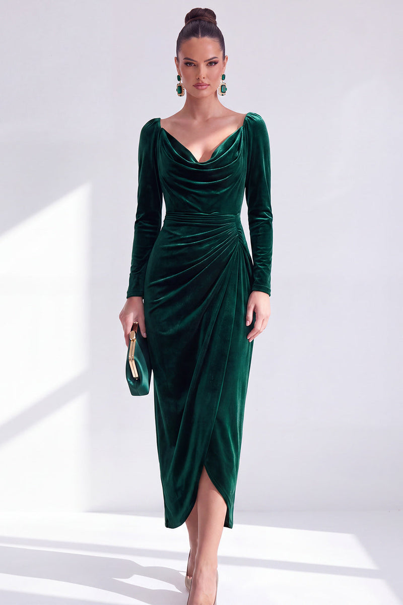 Load image into Gallery viewer, Terracotta Cowl Neck Velvet Ruched Sheath Maxi Mother of the Bride Dress with Sleeves