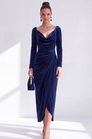 Load image into Gallery viewer, Terracotta Cowl Neck Velvet Ruched Sheath Maxi Mother of the Bride Dress with Sleeves