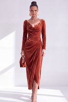 Load image into Gallery viewer, Terracotta Cowl Neck Velvet Ruched Sheath Maxi Mother of the Bride Dress with Sleeves