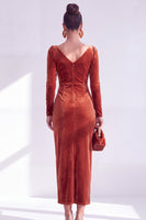Load image into Gallery viewer, Terracotta Cowl Neck Velvet Ruched Sheath Maxi Mother of the Bride Dress with Sleeves