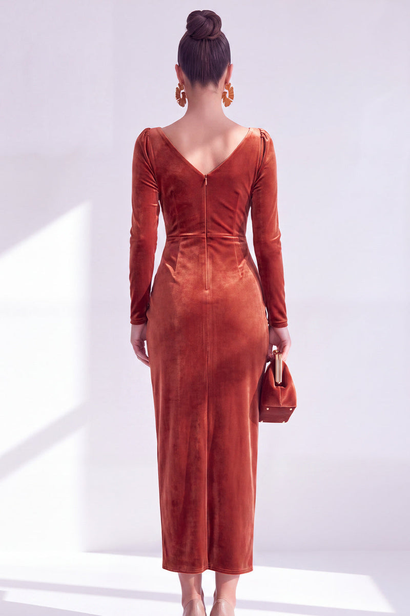 Load image into Gallery viewer, Terracotta Cowl Neck Velvet Ruched Sheath Maxi Mother of the Bride Dress with Sleeves