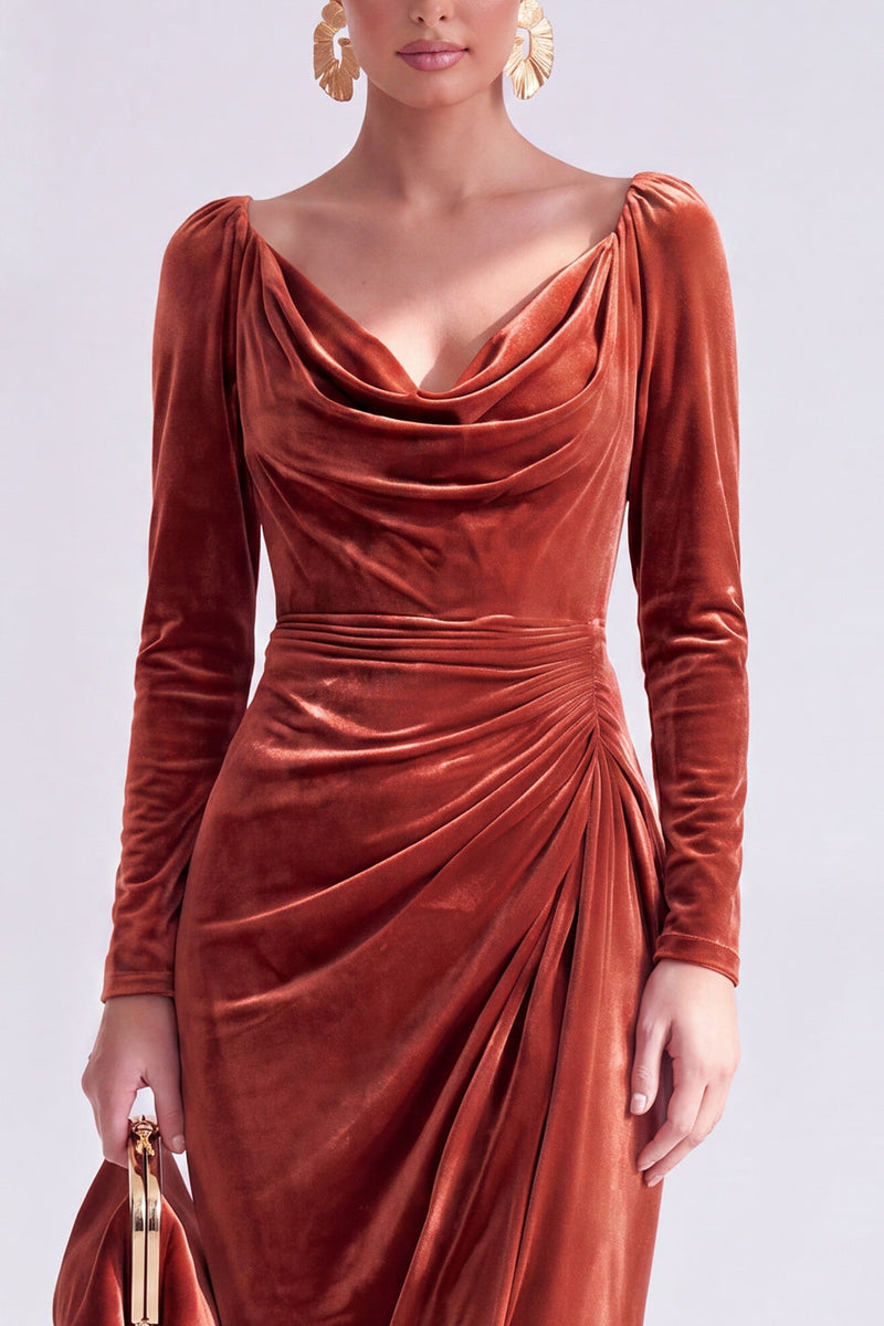 Load image into Gallery viewer, Terracotta Cowl Neck Velvet Ruched Sheath Maxi Mother of the Bride Dress with Sleeves
