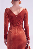 Load image into Gallery viewer, Terracotta Cowl Neck Velvet Ruched Sheath Maxi Mother of the Bride Dress with Sleeves