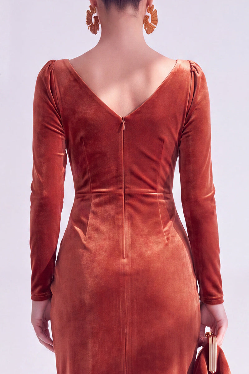 Load image into Gallery viewer, Terracotta Cowl Neck Velvet Ruched Sheath Maxi Mother of the Bride Dress with Sleeves