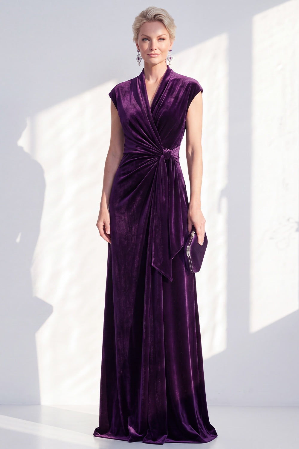 Dark Purple Velvet V-Neck Sheath Ruched Long Mother of the Bride Dress with Sash