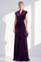 Load image into Gallery viewer, Dark Purple Velvet V-Neck Sheath Ruched Long Mother of the Bride Dress with Sash