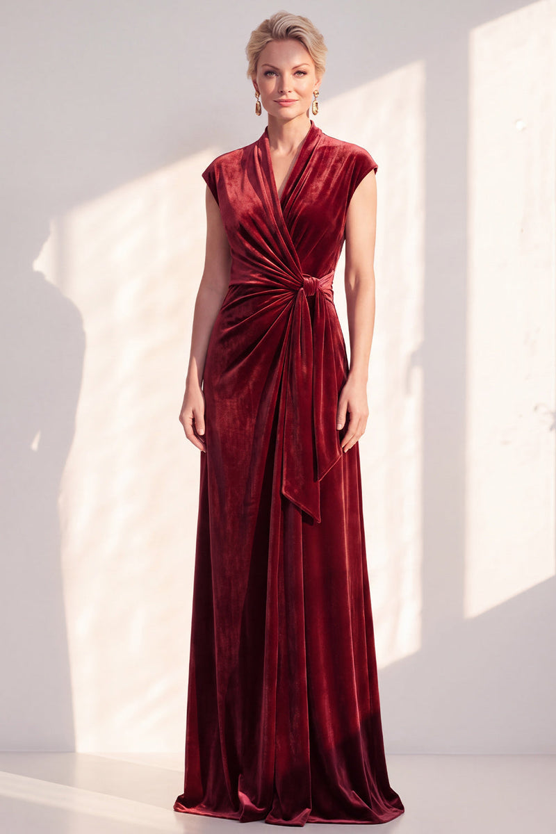 Load image into Gallery viewer, Dark Purple Velvet V-Neck Sheath Ruched Long Mother of the Bride Dress with Sash