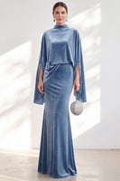 Load image into Gallery viewer, Burgundy Velvet High Neck Saprkly Beaded Mermaid Long Mother of the Bride Dress with Cape