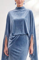 Load image into Gallery viewer, Burgundy Velvet High Neck Saprkly Beaded Mermaid Long Mother of the Bride Dress with Cape