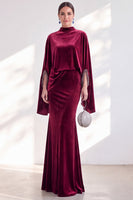 Load image into Gallery viewer, Burgundy Velvet High Neck Saprkly Beaded Mermaid Long Mother of the Bride Dress with Cape