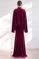 Load image into Gallery viewer, Burgundy Velvet High Neck Saprkly Beaded Mermaid Long Mother of the Bride Dress with Cape