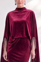 Load image into Gallery viewer, Burgundy Velvet High Neck Saprkly Beaded Mermaid Long Mother of the Bride Dress with Cape