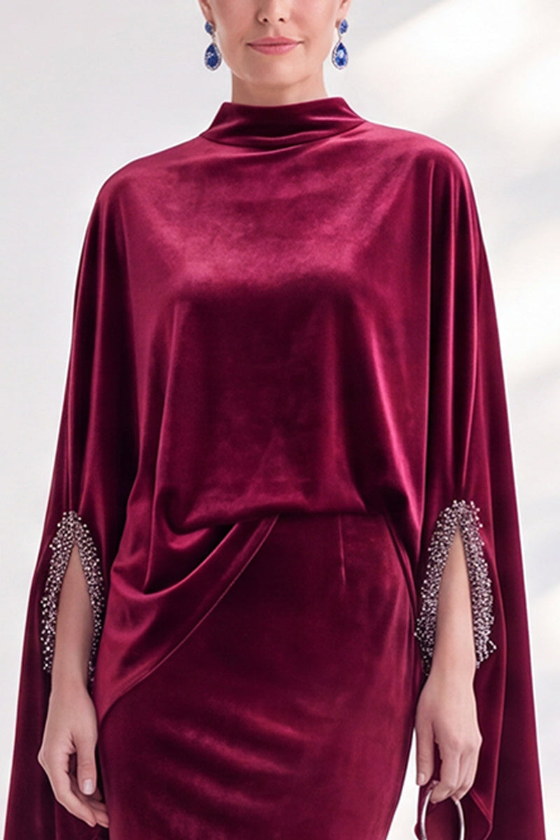 Load image into Gallery viewer, Burgundy Velvet High Neck Saprkly Beaded Mermaid Long Mother of the Bride Dress with Cape