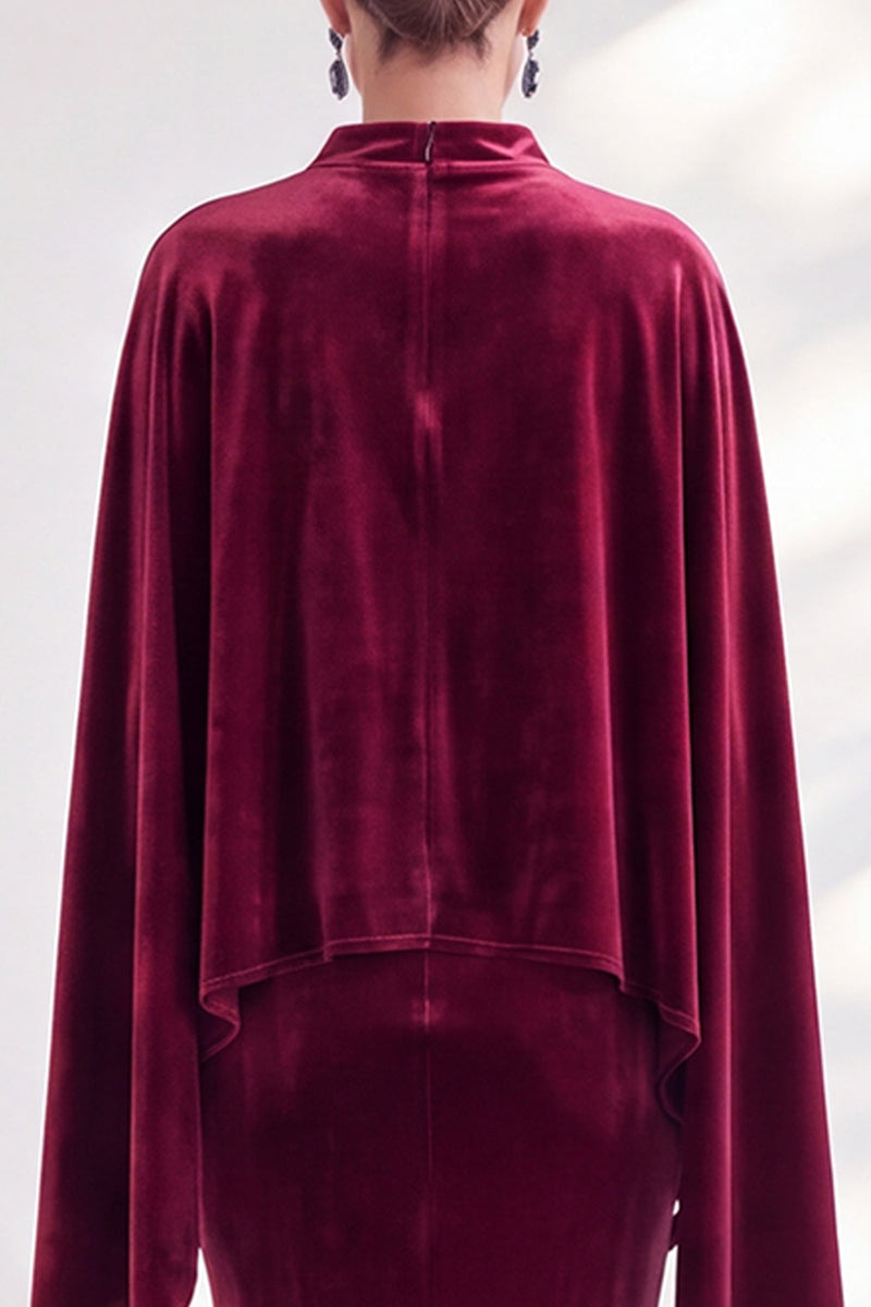 Load image into Gallery viewer, Burgundy Velvet High Neck Saprkly Beaded Mermaid Long Mother of the Bride Dress with Cape