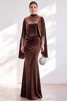 Load image into Gallery viewer, Burgundy Velvet High Neck Saprkly Beaded Mermaid Long Mother of the Bride Dress with Cape