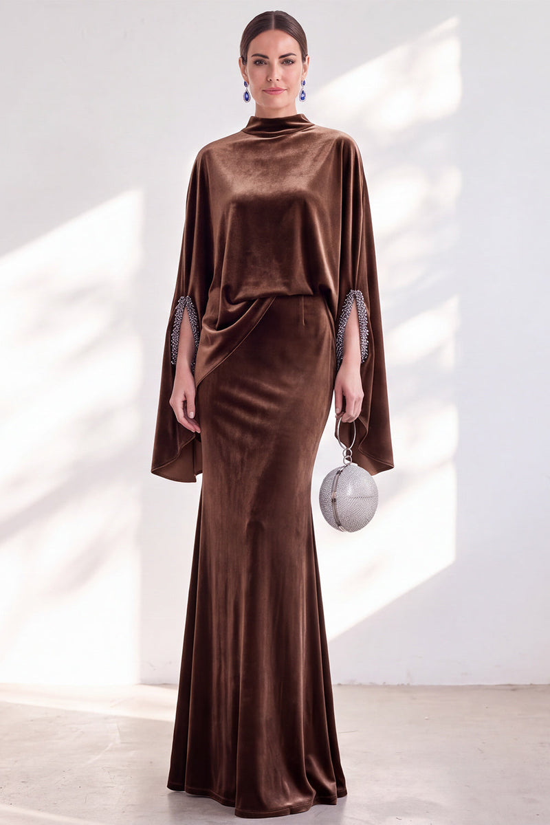 Load image into Gallery viewer, Burgundy Velvet High Neck Saprkly Beaded Mermaid Long Mother of the Bride Dress with Cape
