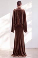 Load image into Gallery viewer, Burgundy Velvet High Neck Saprkly Beaded Mermaid Long Mother of the Bride Dress with Cape