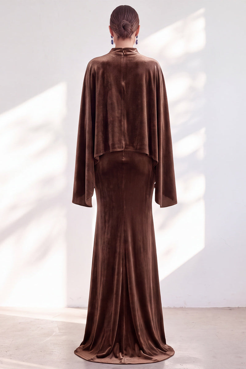 Load image into Gallery viewer, Burgundy Velvet High Neck Saprkly Beaded Mermaid Long Mother of the Bride Dress with Cape