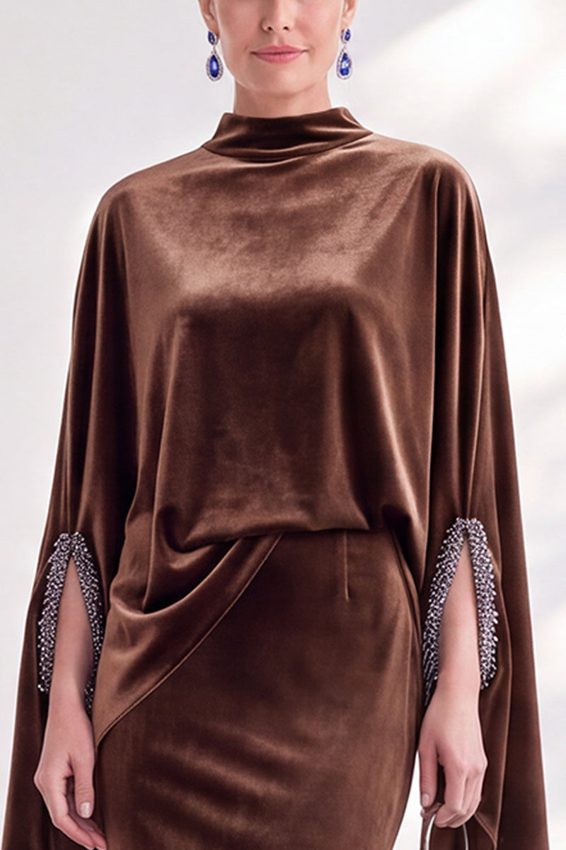 Load image into Gallery viewer, Burgundy Velvet High Neck Saprkly Beaded Mermaid Long Mother of the Bride Dress with Cape