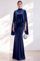 Load image into Gallery viewer, Burgundy Velvet High Neck Saprkly Beaded Mermaid Long Mother of the Bride Dress with Cape