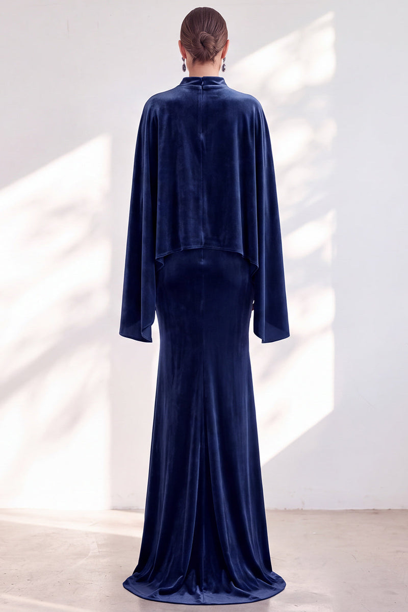 Load image into Gallery viewer, Burgundy Velvet High Neck Saprkly Beaded Mermaid Long Mother of the Bride Dress with Cape