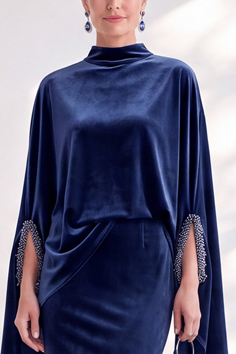 Load image into Gallery viewer, Burgundy Velvet High Neck Saprkly Beaded Mermaid Long Mother of the Bride Dress with Cape
