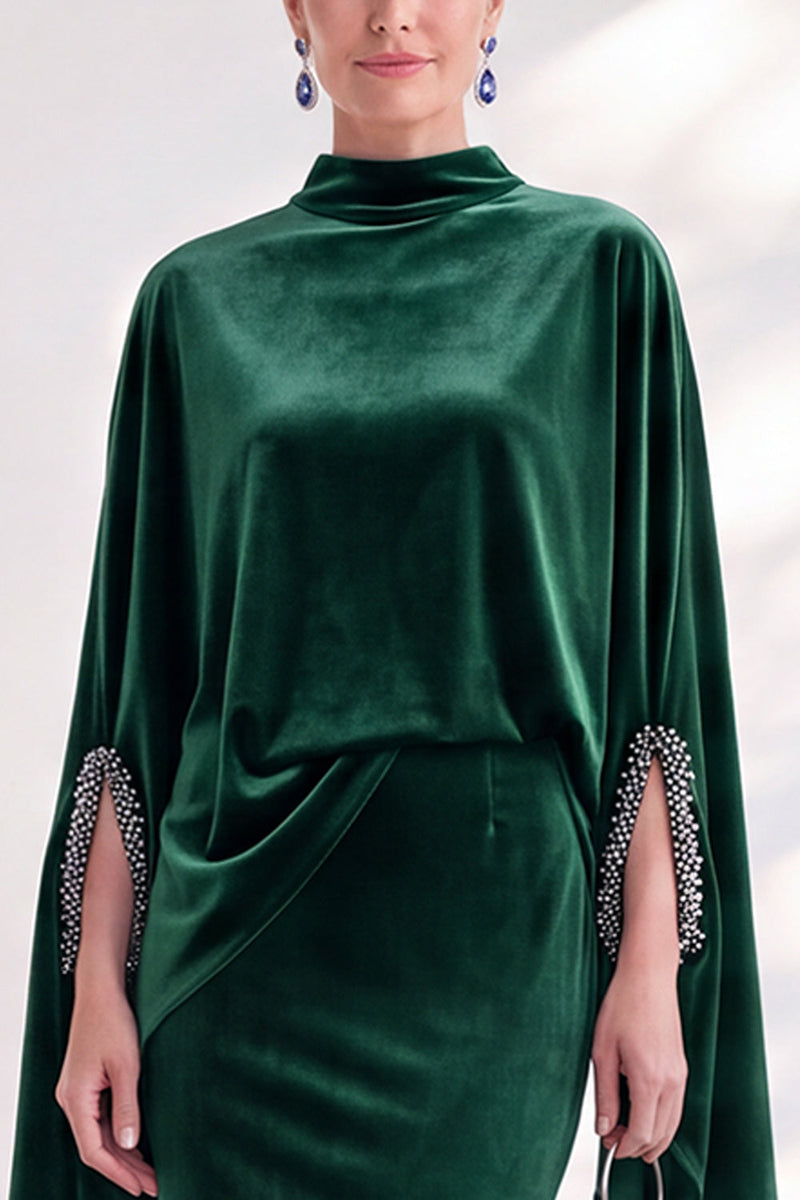 Load image into Gallery viewer, Burgundy Velvet High Neck Saprkly Beaded Mermaid Long Mother of the Bride Dress with Cape