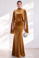 Load image into Gallery viewer, Burgundy Velvet High Neck Saprkly Beaded Mermaid Long Mother of the Bride Dress with Cape