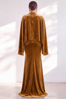 Load image into Gallery viewer, Burgundy Velvet High Neck Saprkly Beaded Mermaid Long Mother of the Bride Dress with Cape