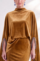 Load image into Gallery viewer, Burgundy Velvet High Neck Saprkly Beaded Mermaid Long Mother of the Bride Dress with Cape