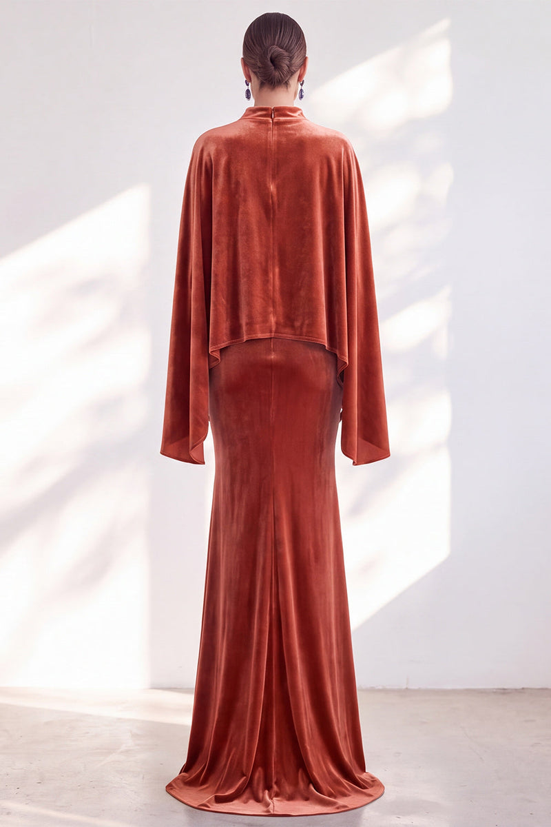 Load image into Gallery viewer, Burgundy Velvet High Neck Saprkly Beaded Mermaid Long Mother of the Bride Dress with Cape