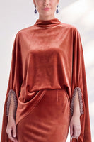 Load image into Gallery viewer, Burgundy Velvet High Neck Saprkly Beaded Mermaid Long Mother of the Bride Dress with Cape