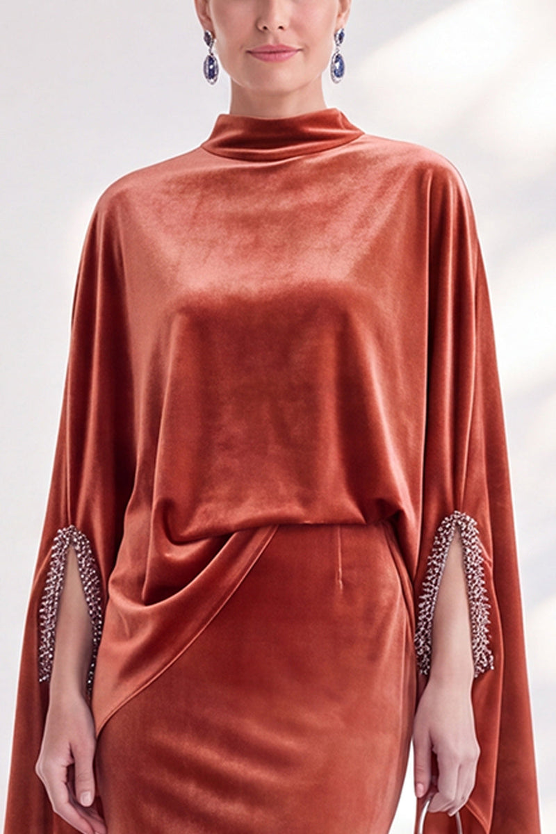 Load image into Gallery viewer, Burgundy Velvet High Neck Saprkly Beaded Mermaid Long Mother of the Bride Dress with Cape