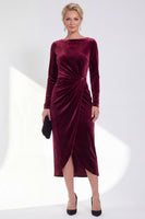 Load image into Gallery viewer, Dark Grey Velvet Ruched Boat Neck Midi Mother of the Bride Dress with Sleeves