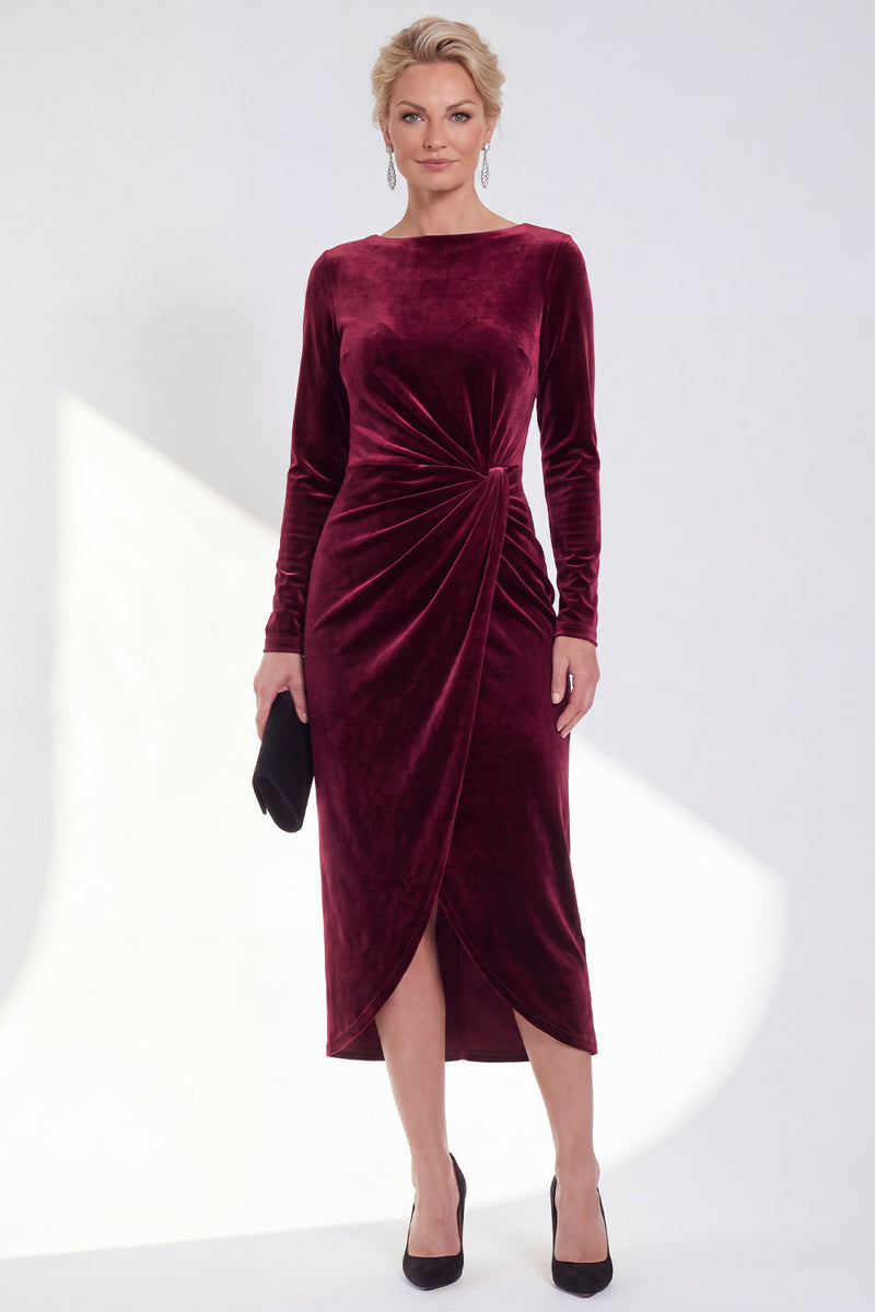 Load image into Gallery viewer, Dark Grey Velvet Ruched Boat Neck Midi Mother of the Bride Dress with Sleeves