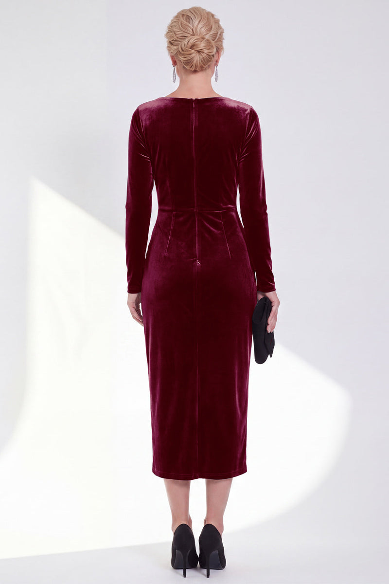 Load image into Gallery viewer, Dark Grey Velvet Ruched Boat Neck Midi Mother of the Bride Dress with Sleeves