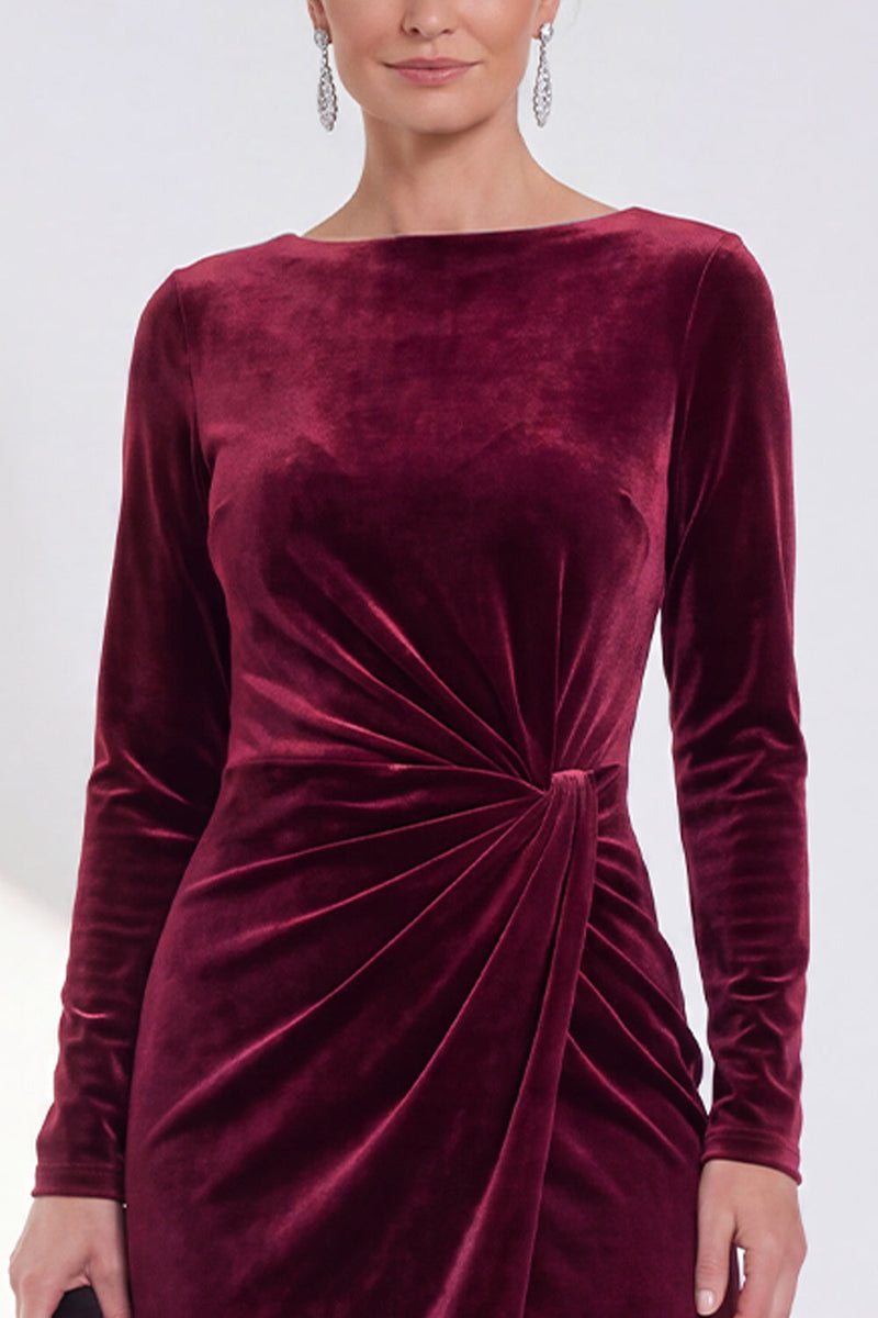 Load image into Gallery viewer, Dark Grey Velvet Ruched Boat Neck Midi Mother of the Bride Dress with Sleeves