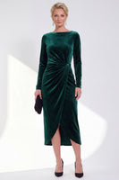 Load image into Gallery viewer, Dark Grey Velvet Ruched Boat Neck Midi Mother of the Bride Dress with Sleeves