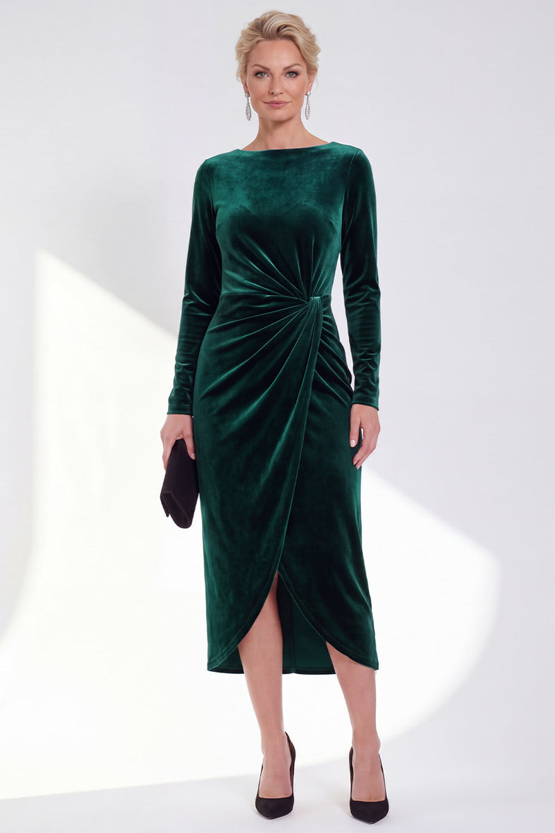 Load image into Gallery viewer, Dark Grey Velvet Ruched Boat Neck Midi Mother of the Bride Dress with Sleeves