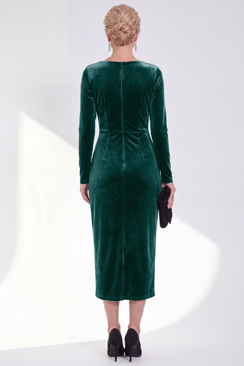 Load image into Gallery viewer, Dark Grey Velvet Ruched Boat Neck Midi Mother of the Bride Dress with Sleeves